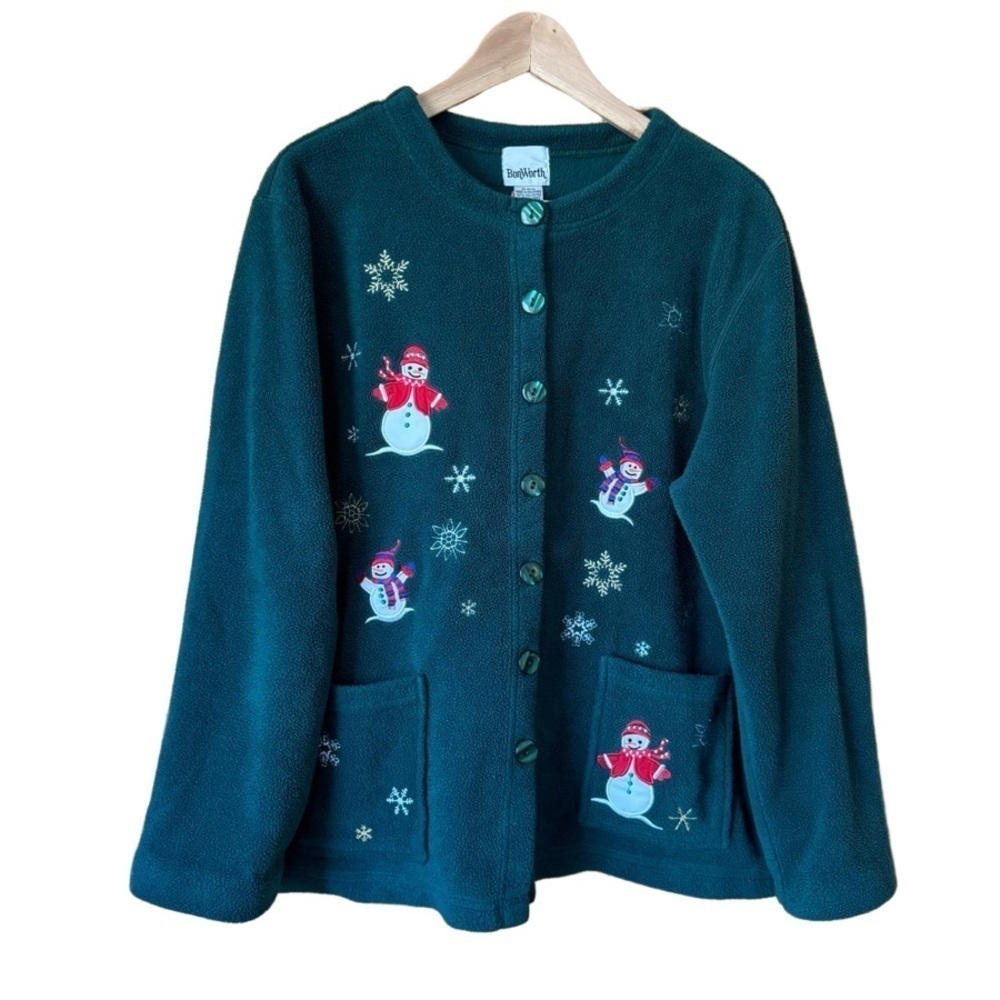 Vintage Bonworth embroidered Snowflake Christmas Snowman button fleece Sz large